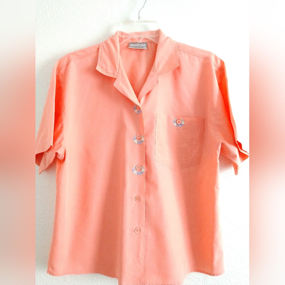 FLAW Vintage Smartline Short Sleeve Embroidered Shirt Peachy Orange Size 16